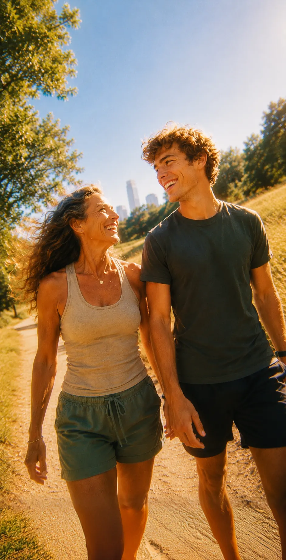 Una pareja camina al aire libre en un día soleado